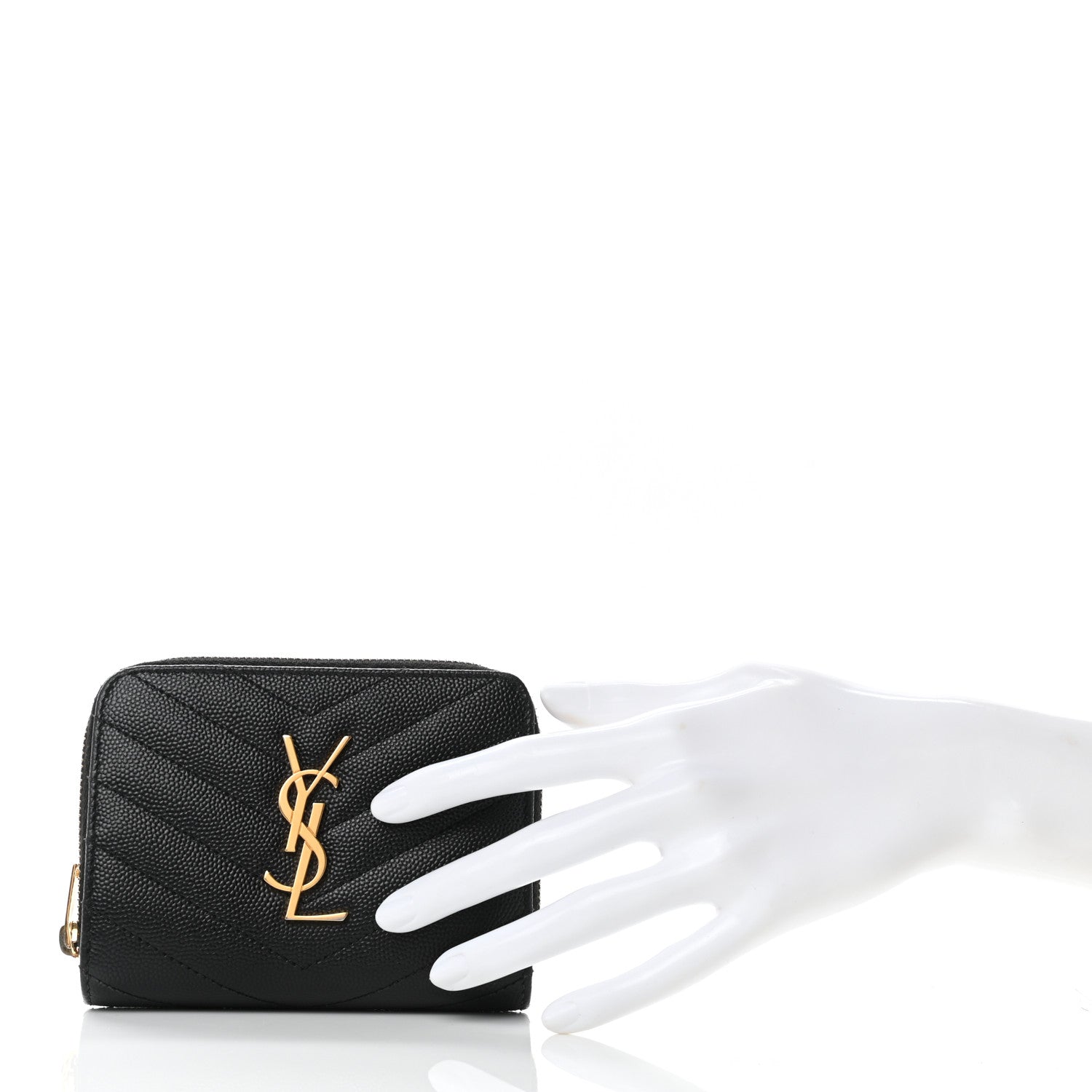 Saint Laurent Grain De Poudre Matelasse Chevron Monogram Compact Zip Around Wallet Black 2 of 11