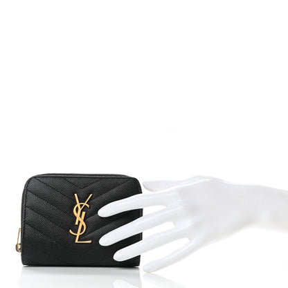 Saint Laurent Grain De Poudre Matelasse Chevron Monogram Compact Zip Around Wallet Black 2 of 11