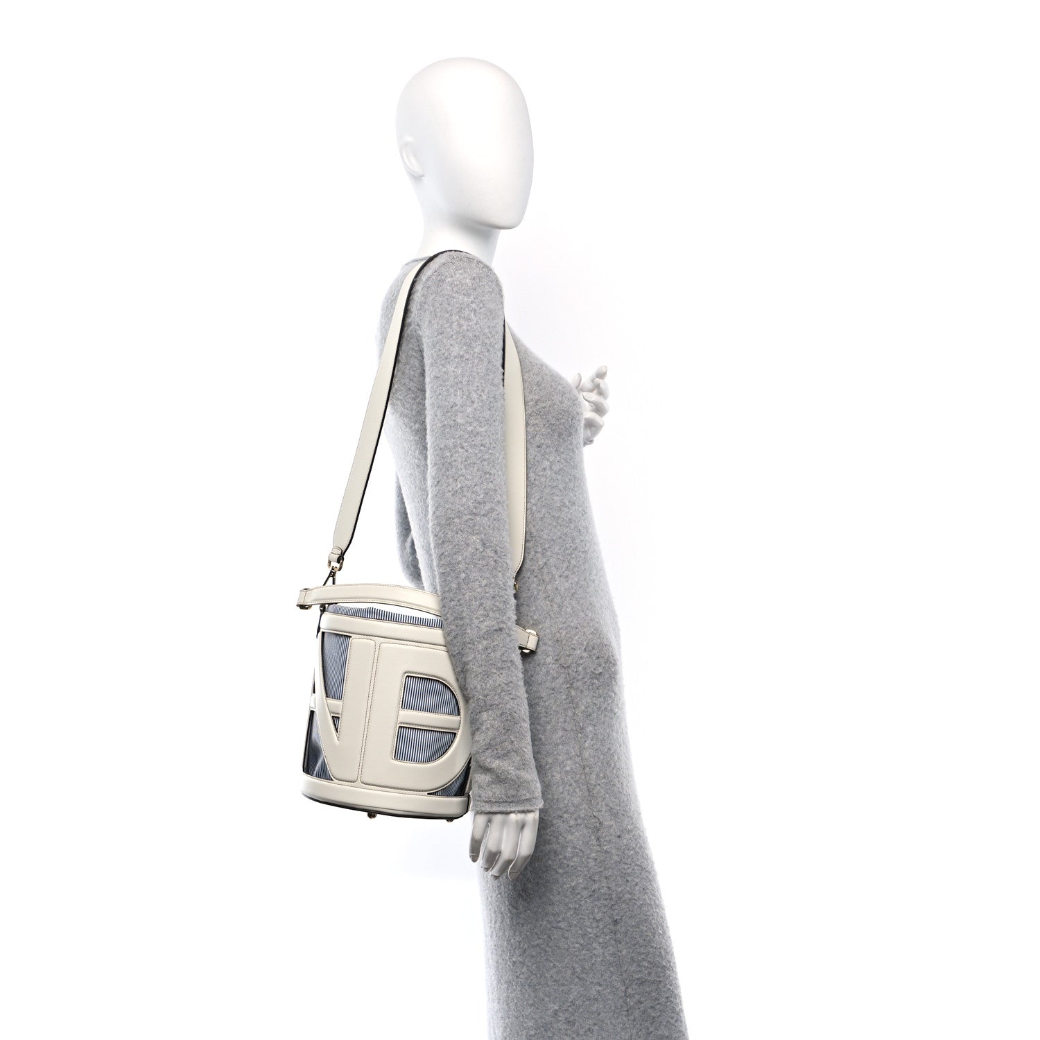 Fendi Nylon Vitello King Logo Step Out Bucket Bag White Rice Mirto 2 of 10