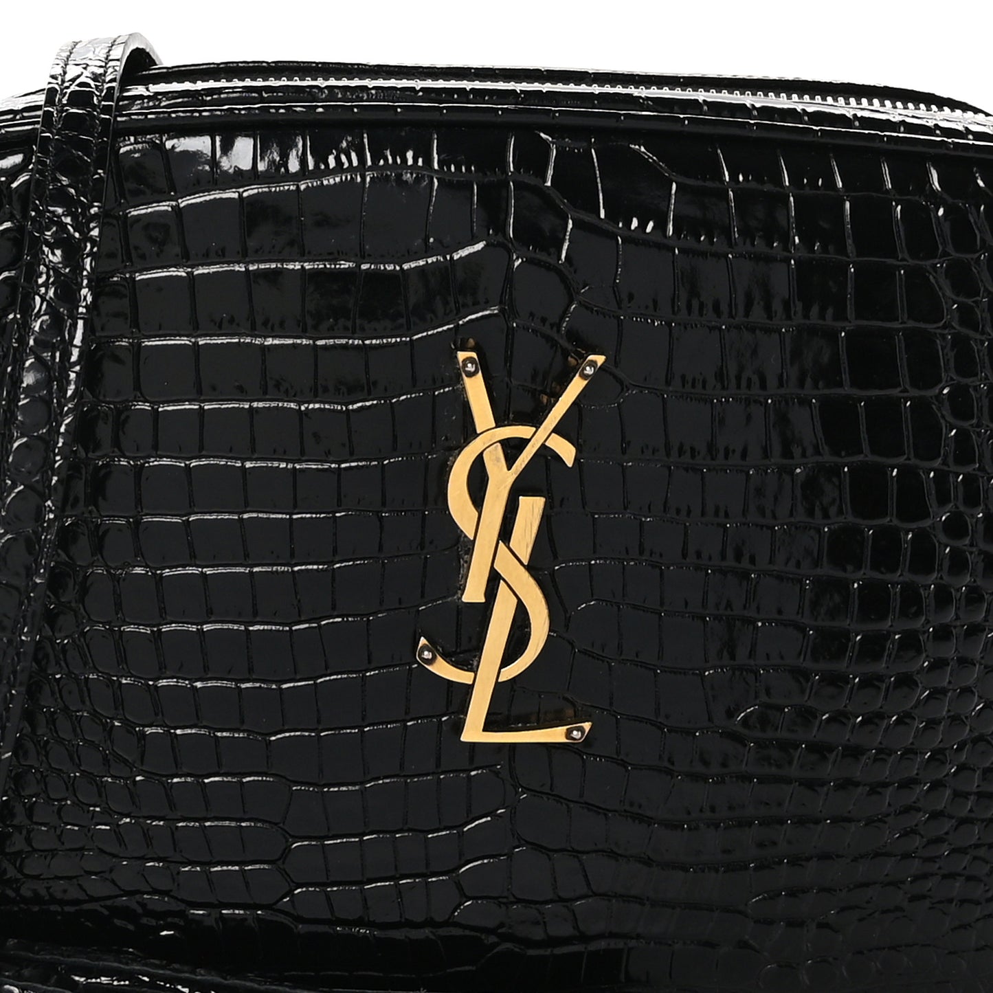 Patent Calfskin Crocodile Embossed Monogram Lou Camera Bag Black