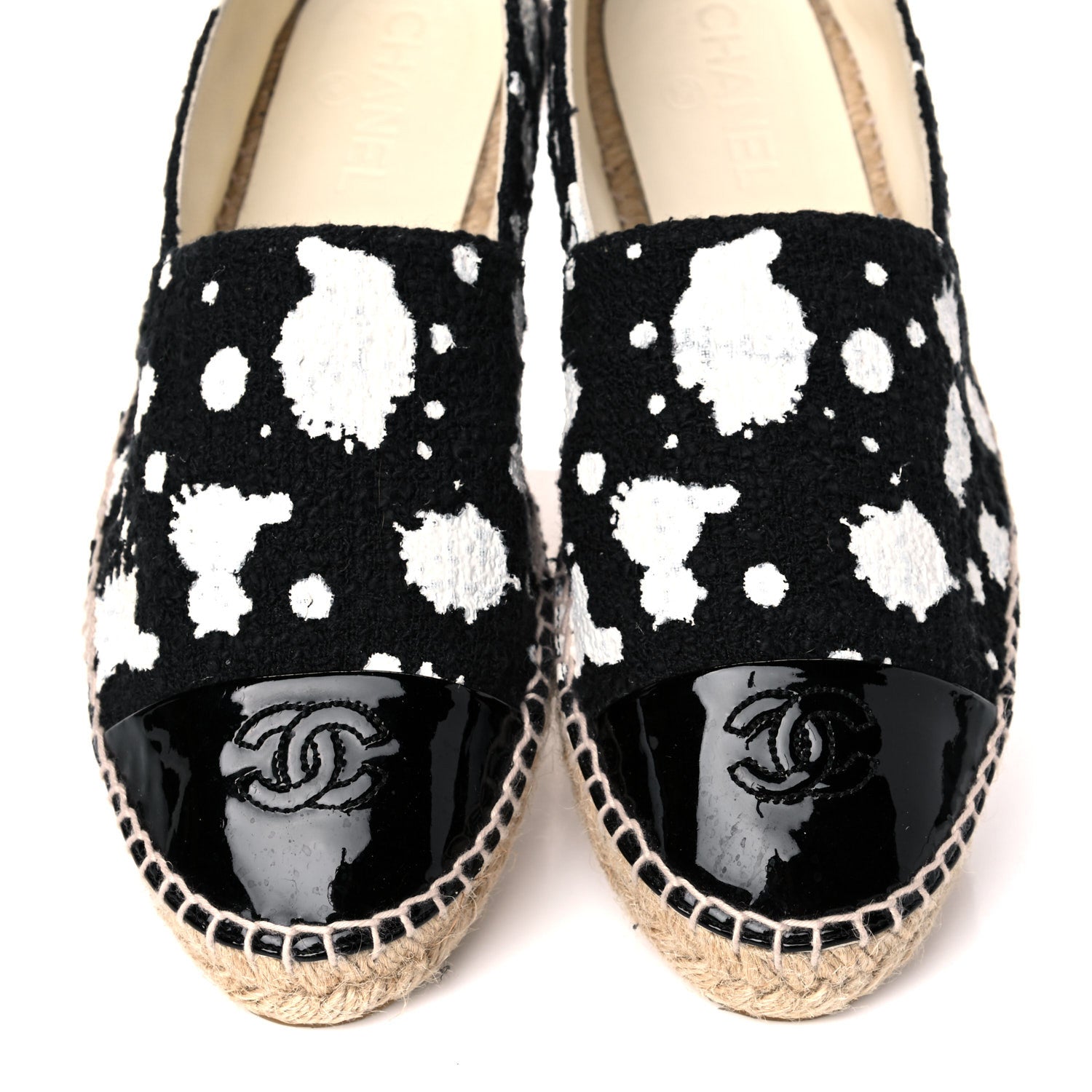 Chanel Patent Tweed Splatter Paint Print Cap Toe CC Espadrilles 41 Black White 9 of 12