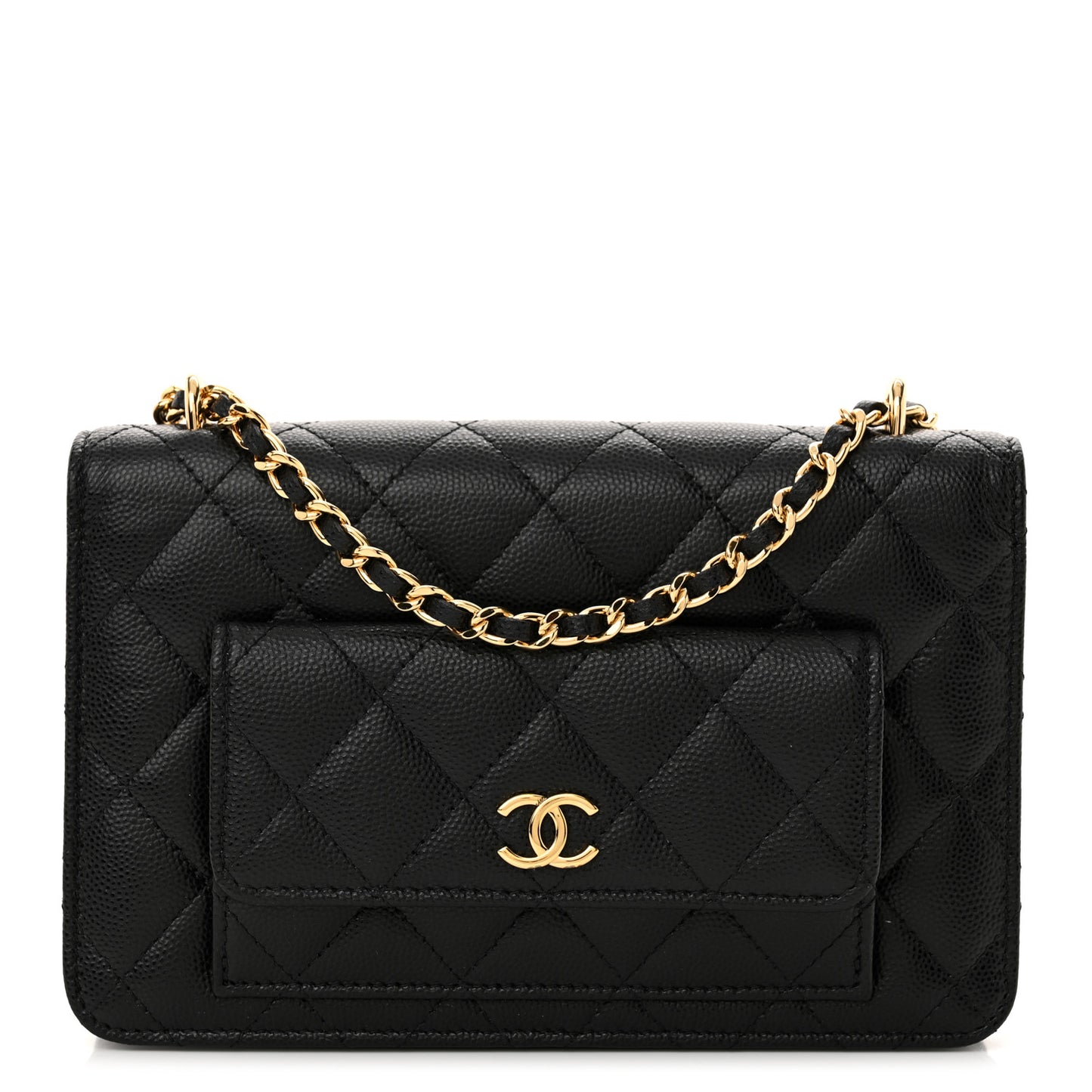 Caviar Quilted Pocket Clutch With Chain WOC Black