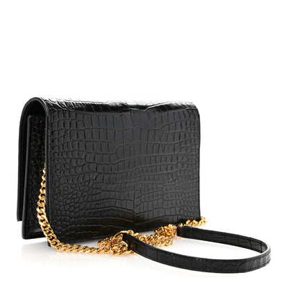 Saint Laurent Calfskin Crocodile Embossed Kate Monogram Tassel Chain Wallet Black 3 of 10