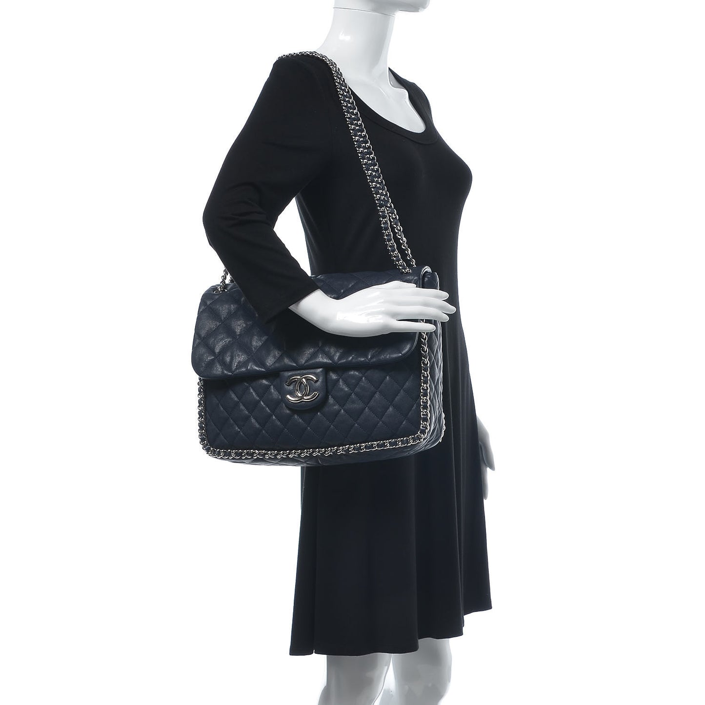 Washed Lambskin Quilted Chain Around Maxi Flap Dark Navy Blue