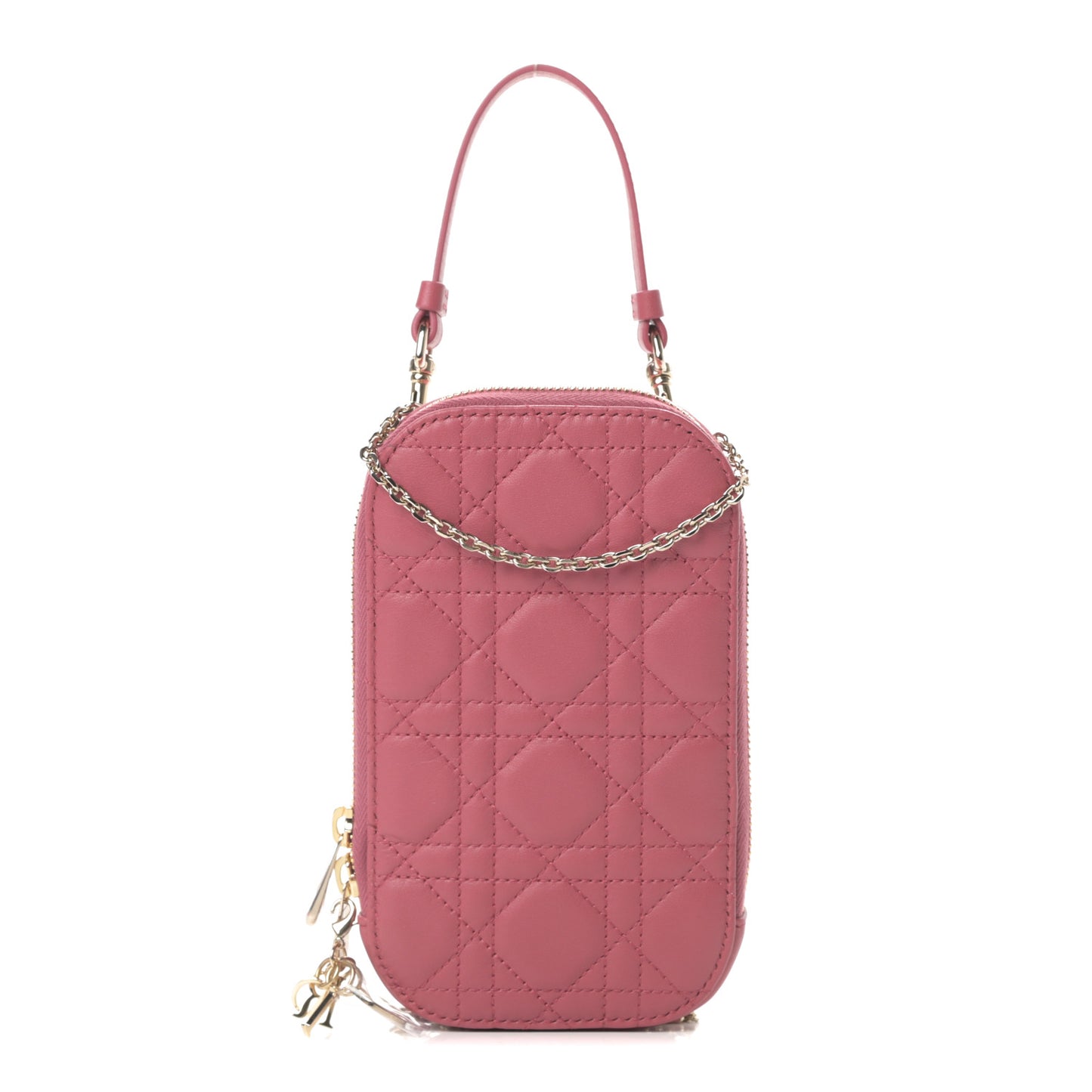 Lambskin Cannage Lady Dior Phone Holder Strawberry Pink