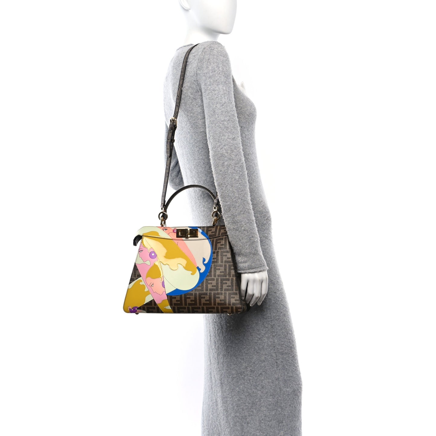 Glazed Fabric Vitello FF 1974 Hairdo Girls Inlay Medium Peekaboo Iconic Satchel Mogano Panna Multicolor