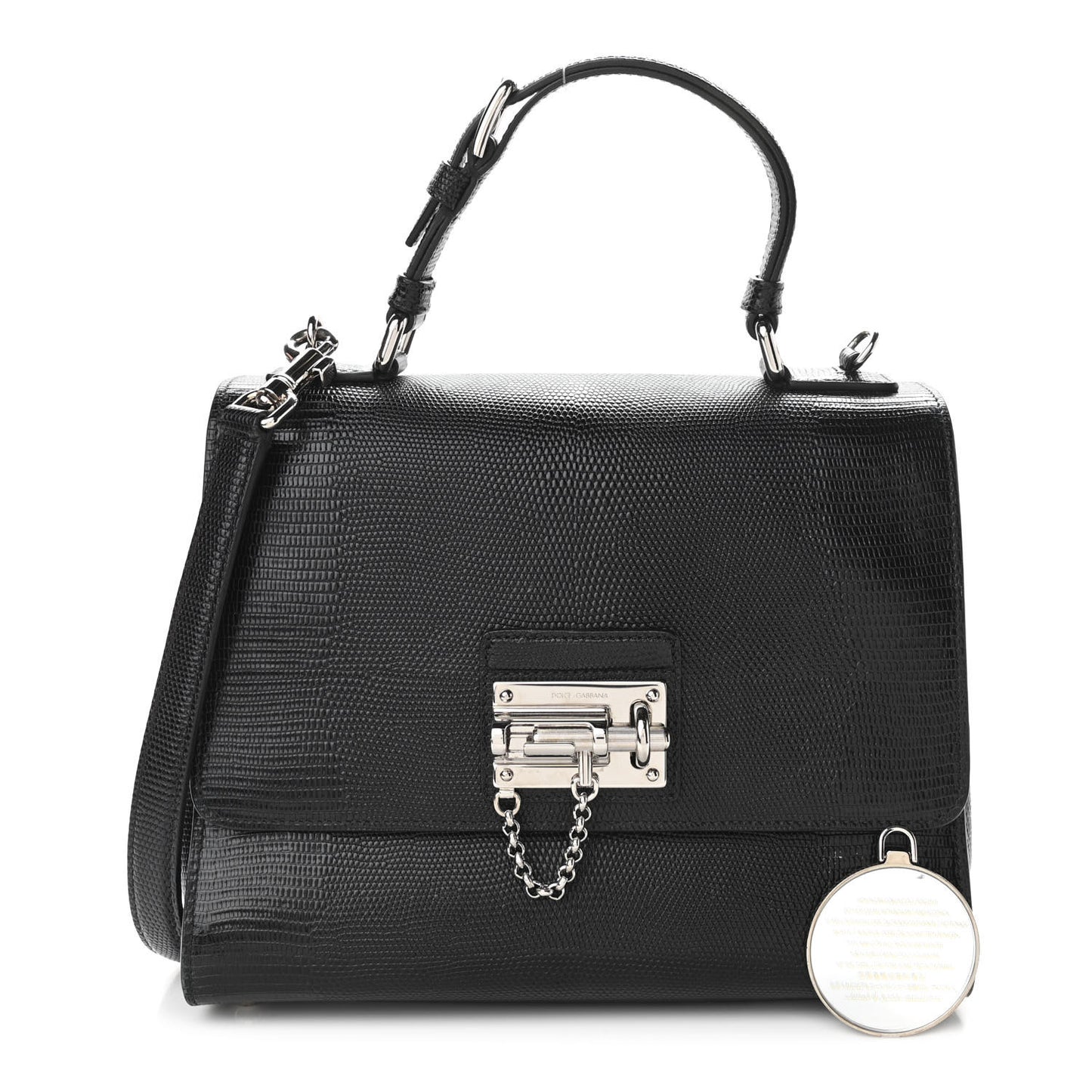Lizard Calfskin Embossed Medium Monica Top Handle Bag Black
