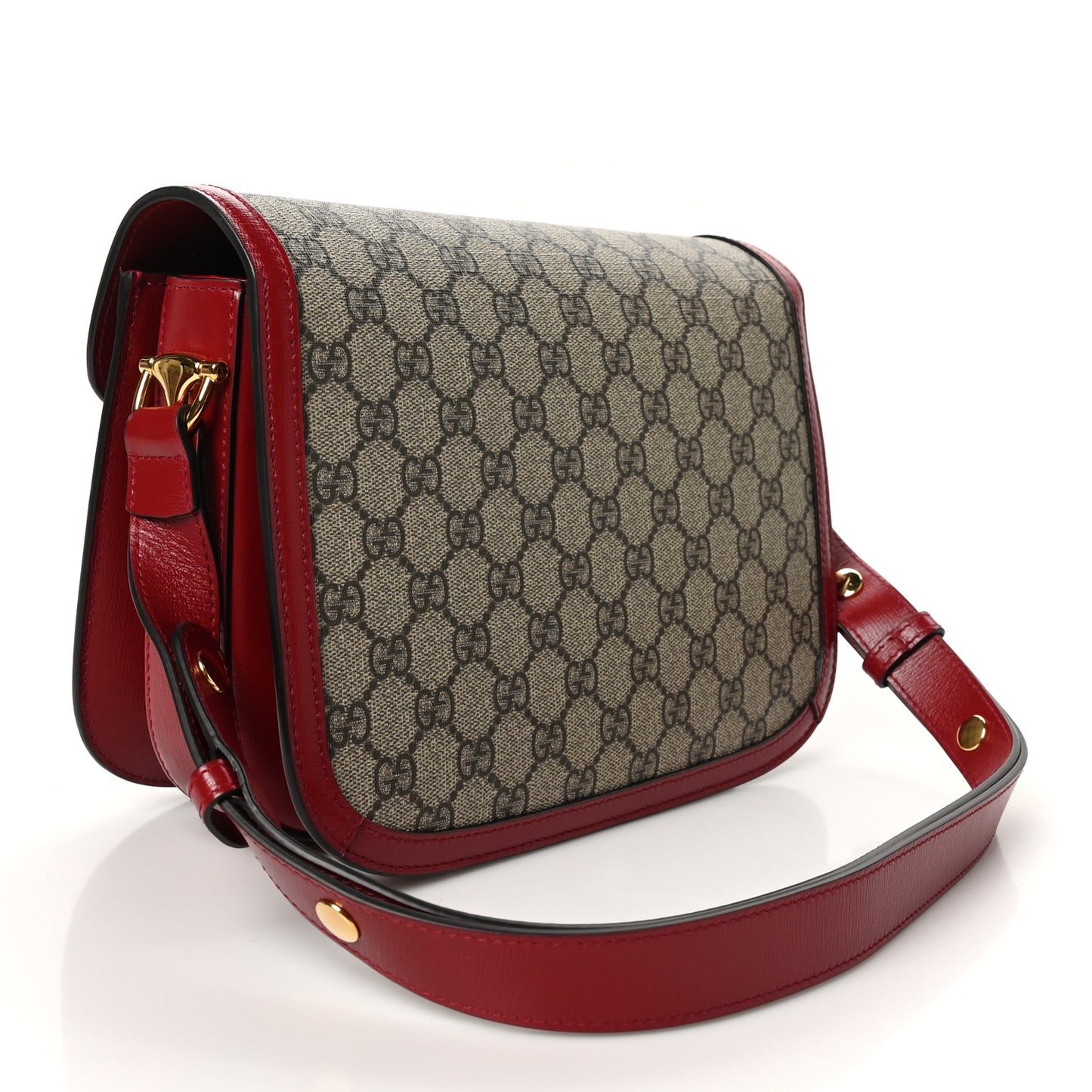 GG Supreme Monogram Azalea Calfskin Horsebit 1955 Shoulder Bag Beige Ebony New Cherry Red