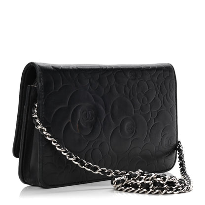 Chanel Lambskin Camellia Embossed Wallet on Chain WOC Black 3 of 10