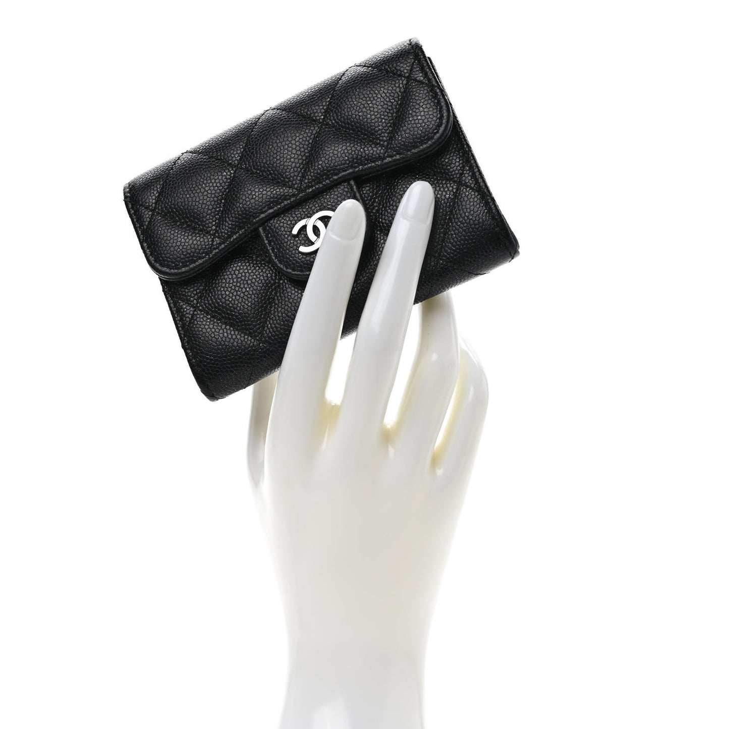 Iridescent Caviar Quilted Flap Card Holder Wallet Black