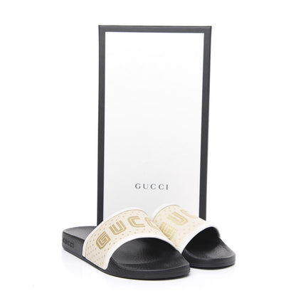 Gucci X SEGA Supreme Canvas GUCCY Stars Womens Slide Sandals 37 Mystic White Gold 6 of 6