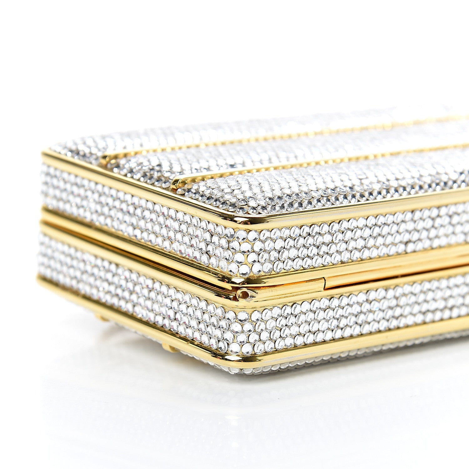 Judith Leiber Swarovski Crystal Striped Minaudiere Clutch Silver Gold 7 of 11