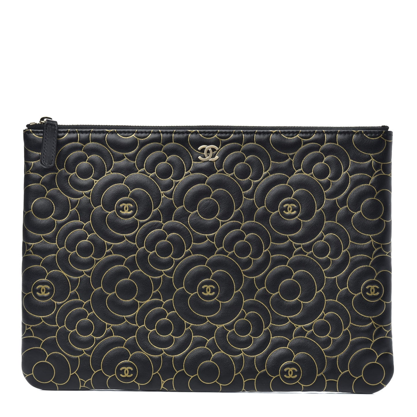 Lambskin Camellia Embossed Medium Cosmetic Case Black Gold