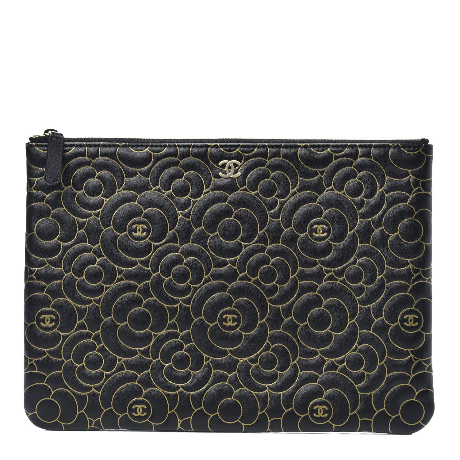 Chanel Lambskin Camellia Embossed Medium Cosmetic Case Black Gold 1 of 7