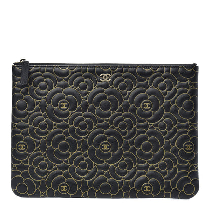 Chanel Lambskin Camellia Embossed Medium Cosmetic Case Black Gold 1 of 7