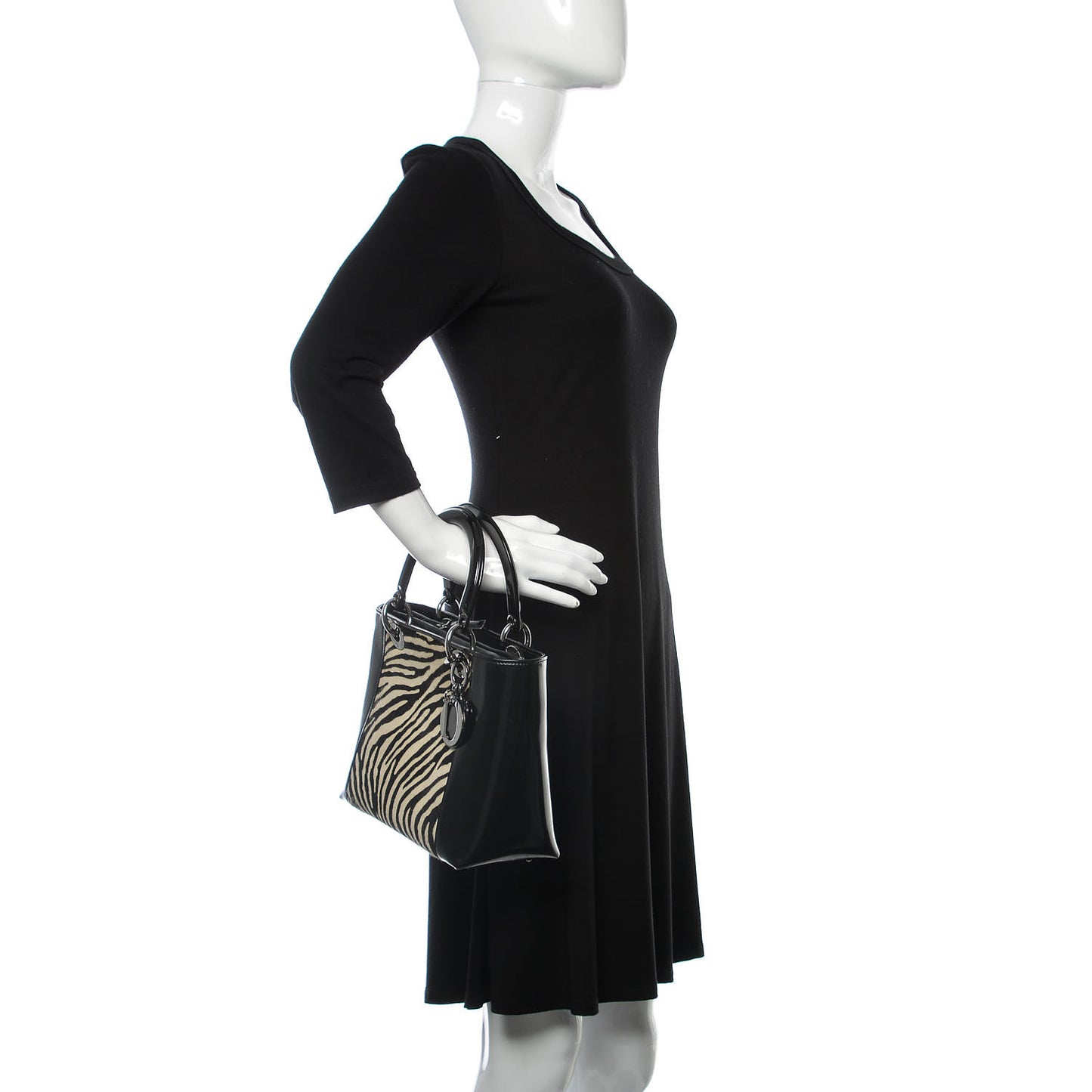 Vintage Patent Pony Hair Zebra Print Medium Lady Dior Black