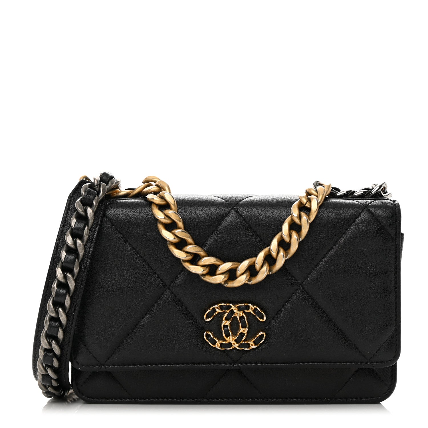 Chanel Shiny Goatskin Quilted Chanel 19 Wallet On Chain WOC Black 1 of 23