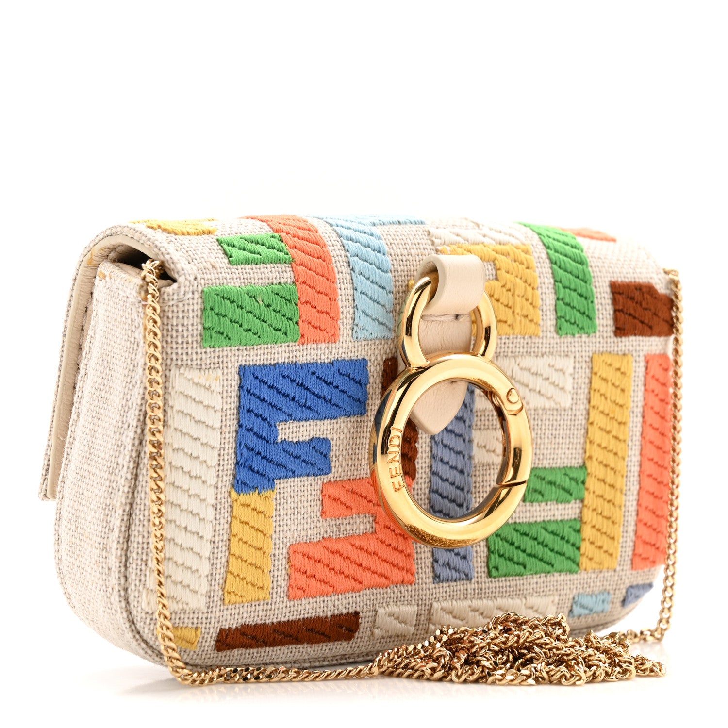 Fendi Kuban Canvas FF Embroidered Nano Baguette Charm Grezzo Multicolor 3 of 10