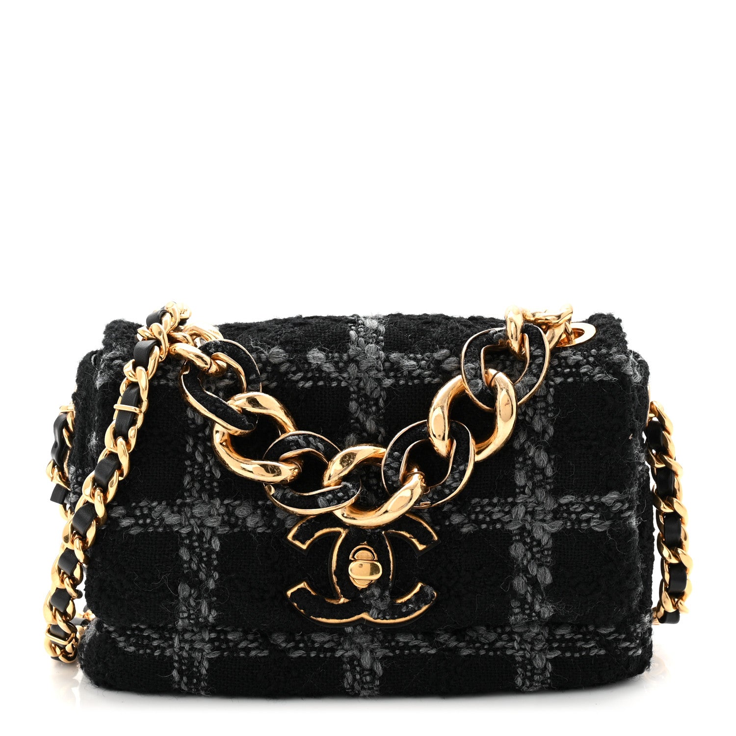 Chanel Wool Tweed Quilted Small Elegant Chain Flap Black Grey 1 of 10