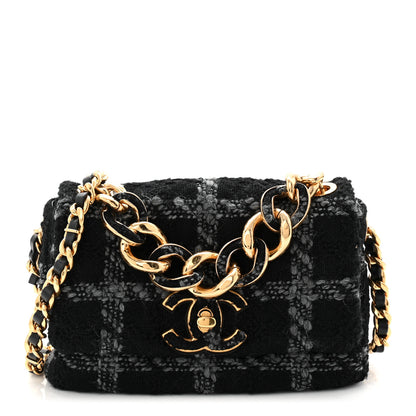 Chanel Wool Tweed Quilted Small Elegant Chain Flap Black Grey 1 of 10