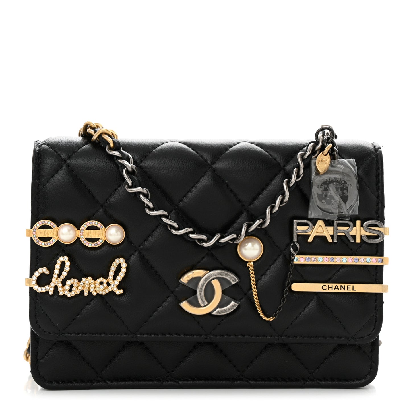 Lambskin Quilted Coco Clips Mini Wallet On Chain WOC Black