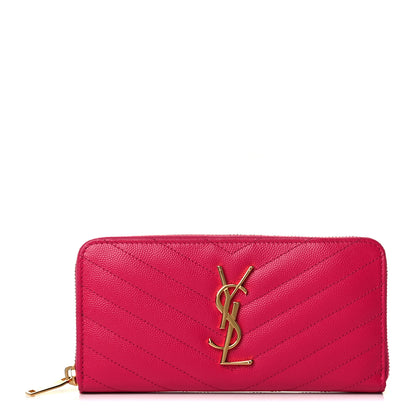 Saint Laurent Grain De Poudre Matelasse Chevron Monogram Zip Around Wallet Fuchsia 1 of 8