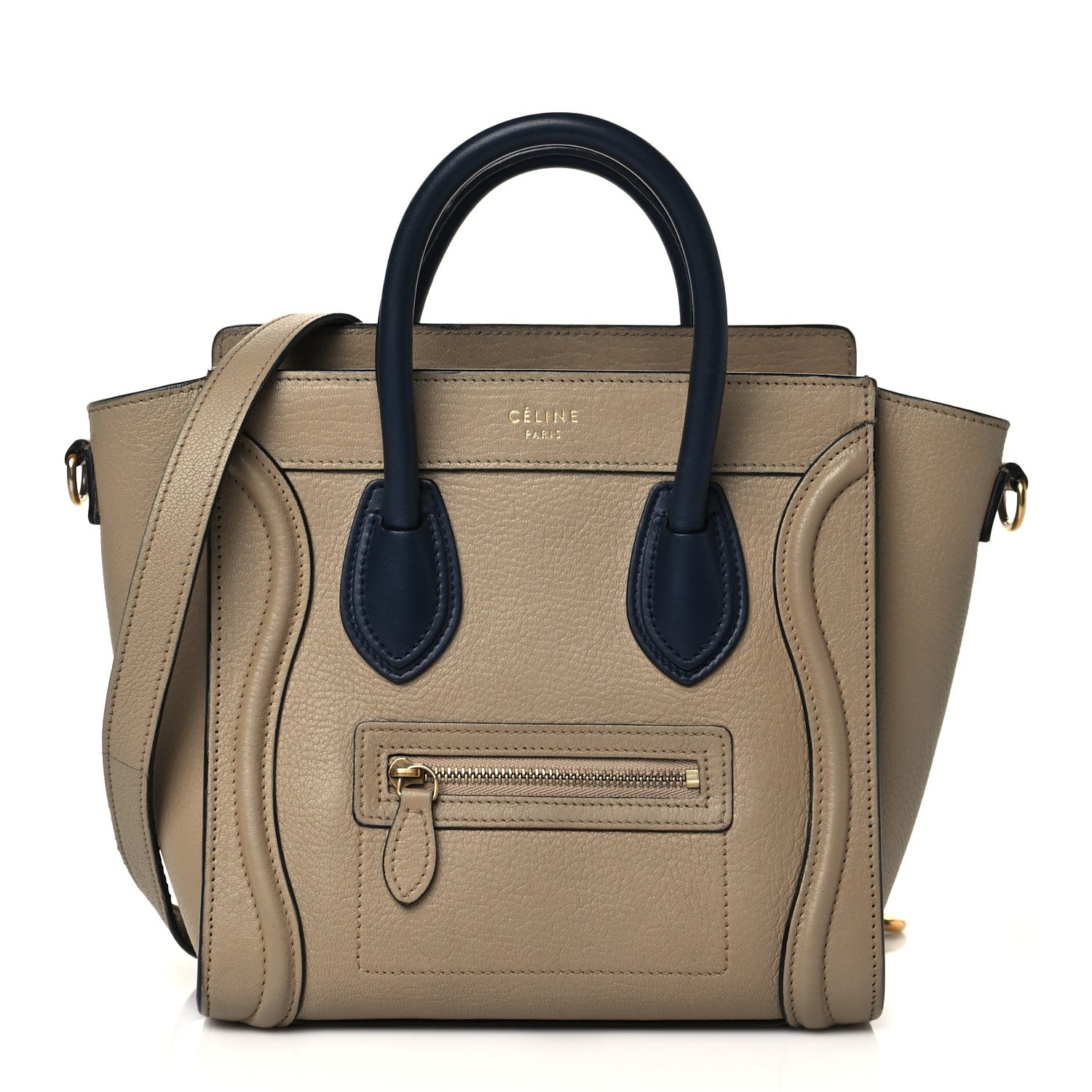 Celine Drummed Calfskin Bi-Color Nano Luggage Navy Dune 1 of 10