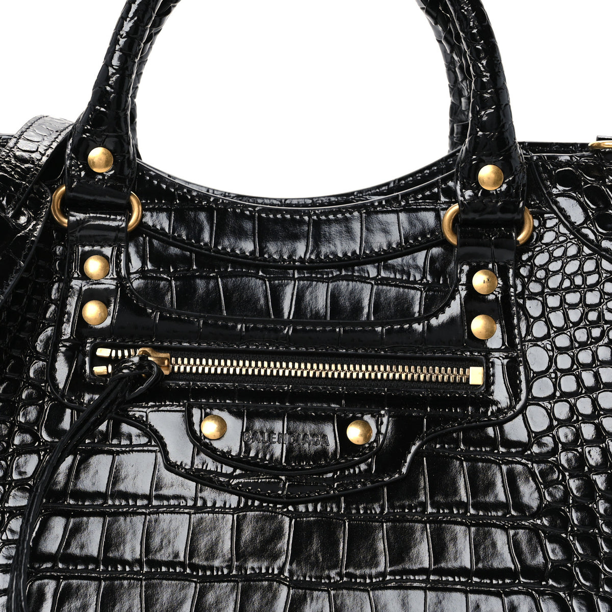 Shiny Supple Calfskin Crocodile Embossed Brass Hardware Neo Classic City Black
