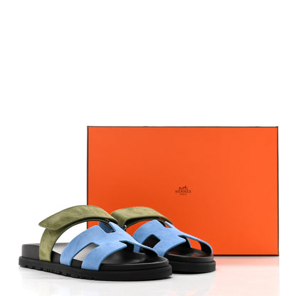 Hermes Suede Goatskin Womens Chypre Sandals 37 Bleu Cameo Vert 9 of 9