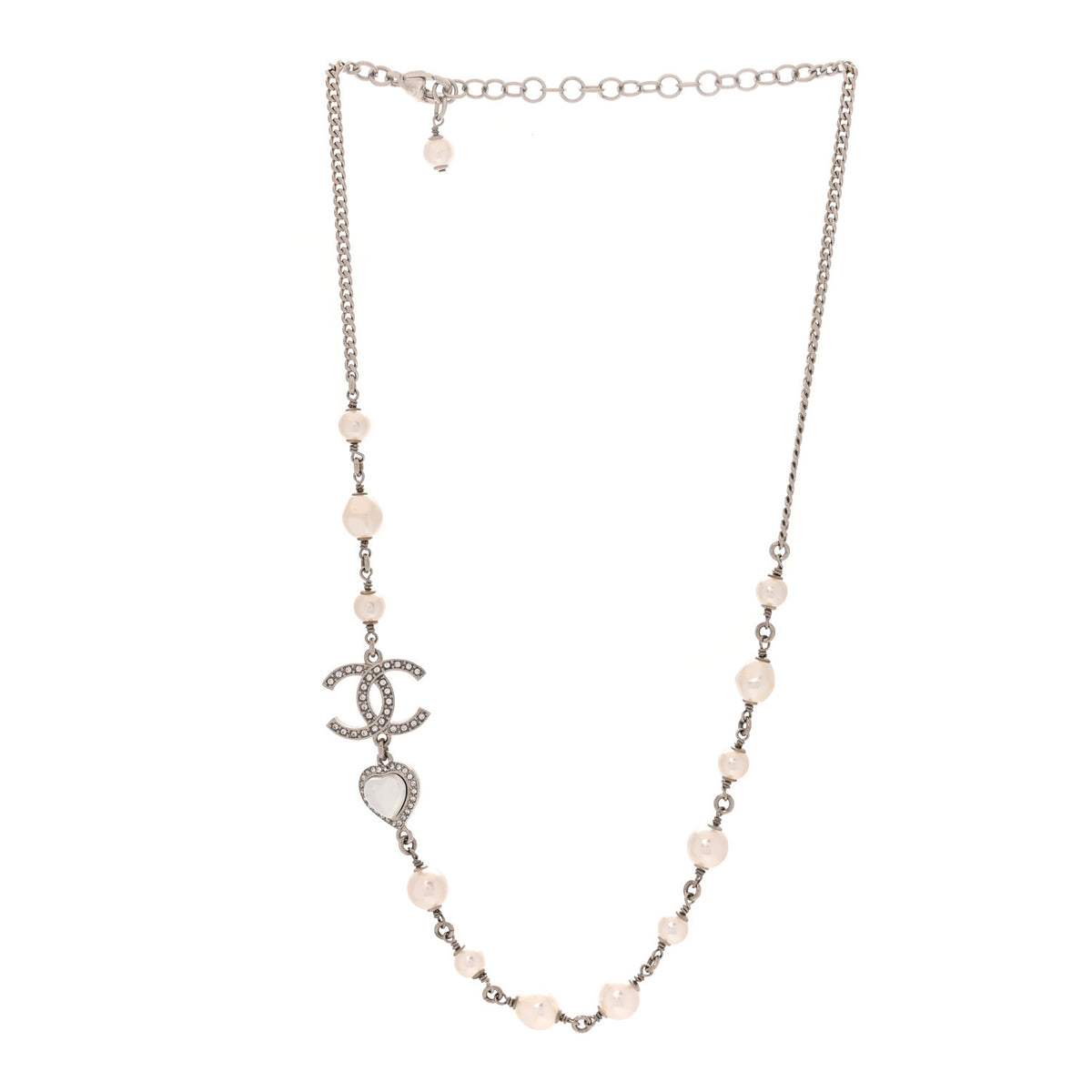 Chanel Crystal Pearl CC Heart Necklace Silver 3 of 5