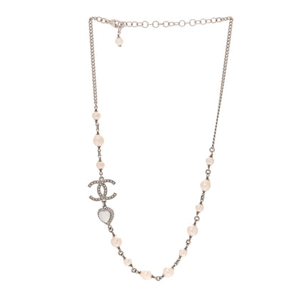 Chanel Crystal Pearl CC Heart Necklace Silver 3 of 5