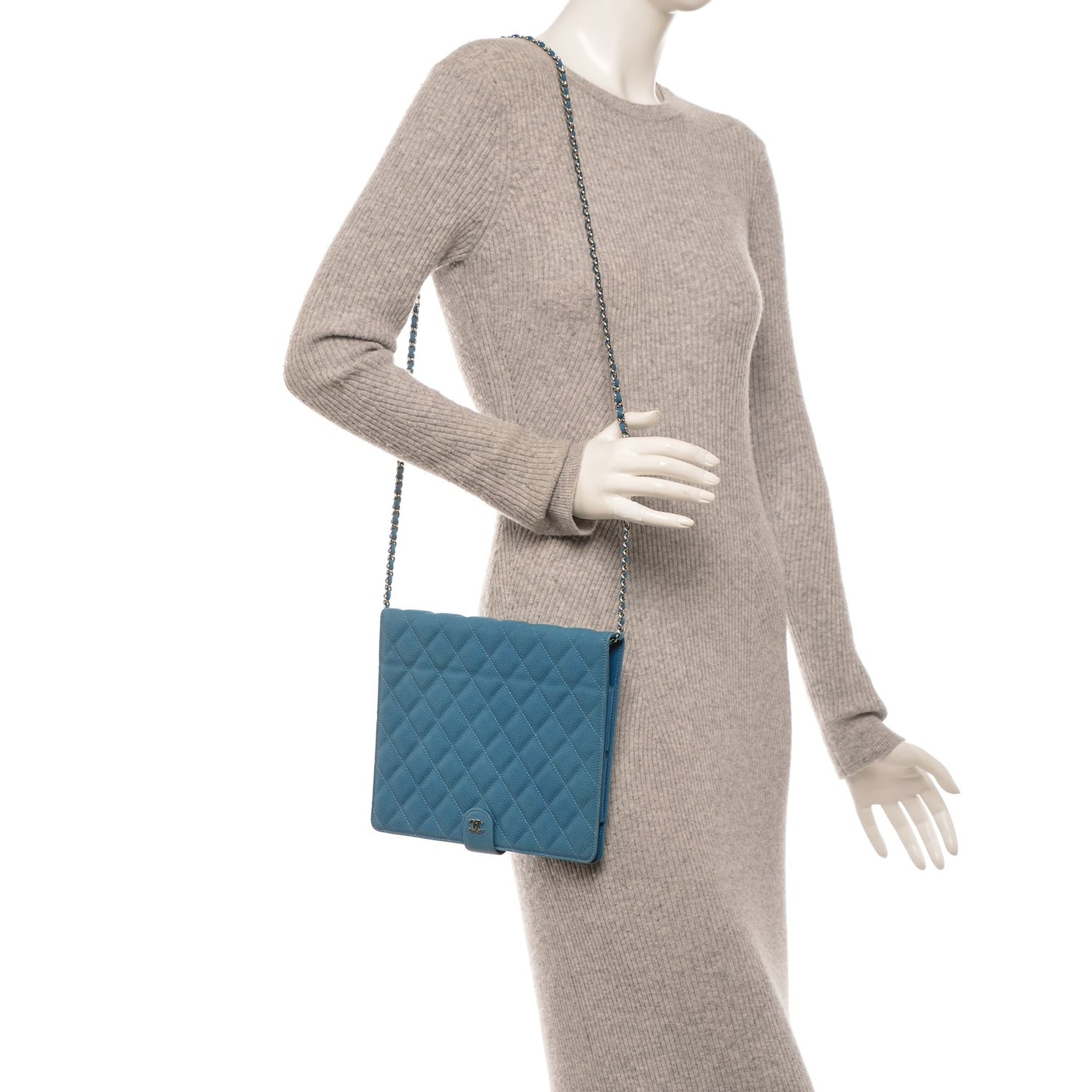 Iridescent Caviar Quilted Crossbody iPad Holder Blue
