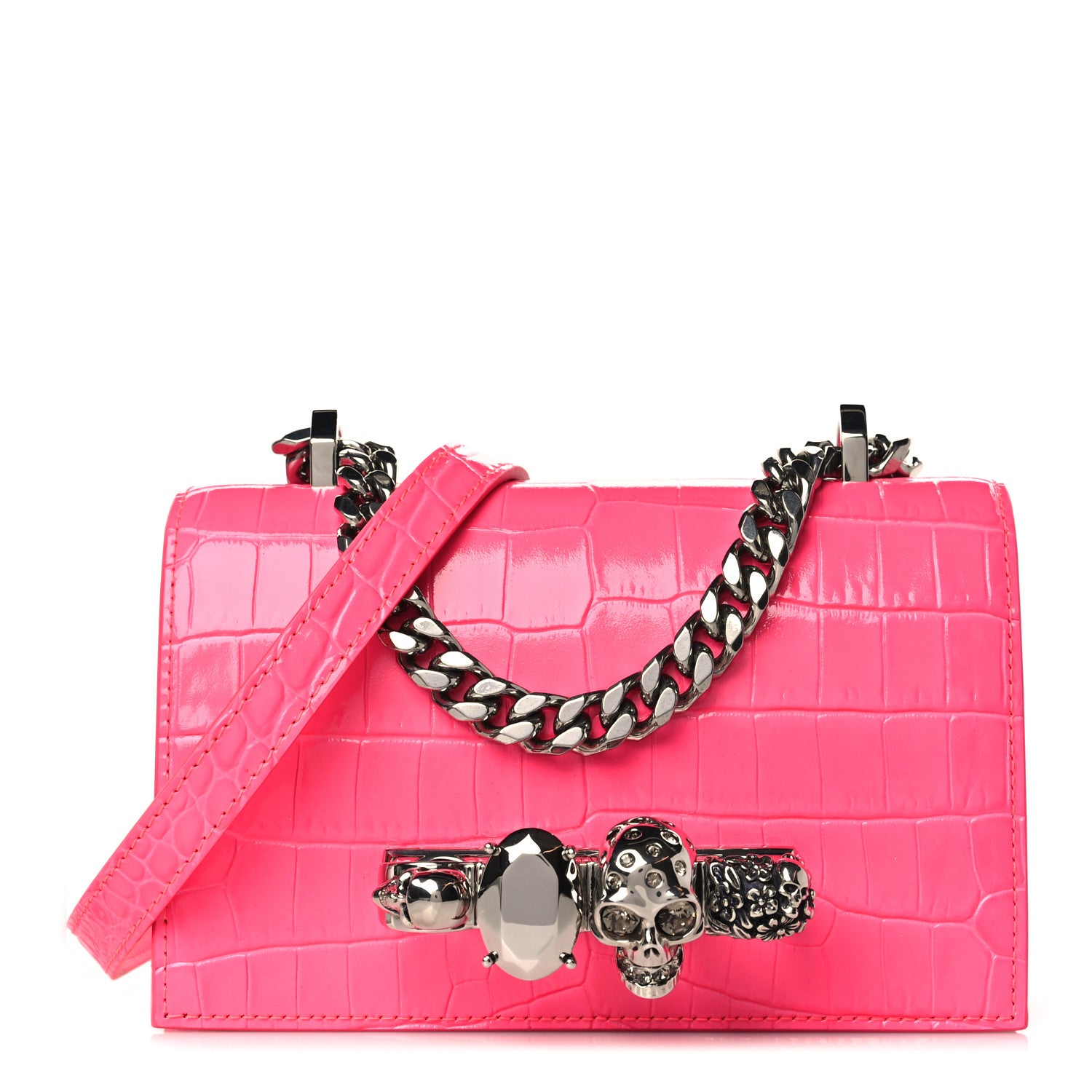 Alexander McQueen Shiny Crocodile Embossed Jeweled Satchel Peony Pink 1 of 10