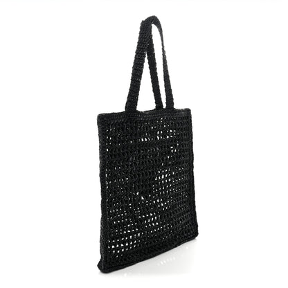 Prada Yarn Raffia Effect Crochet Logo Embroidered Tote Bag Black 3 of 9