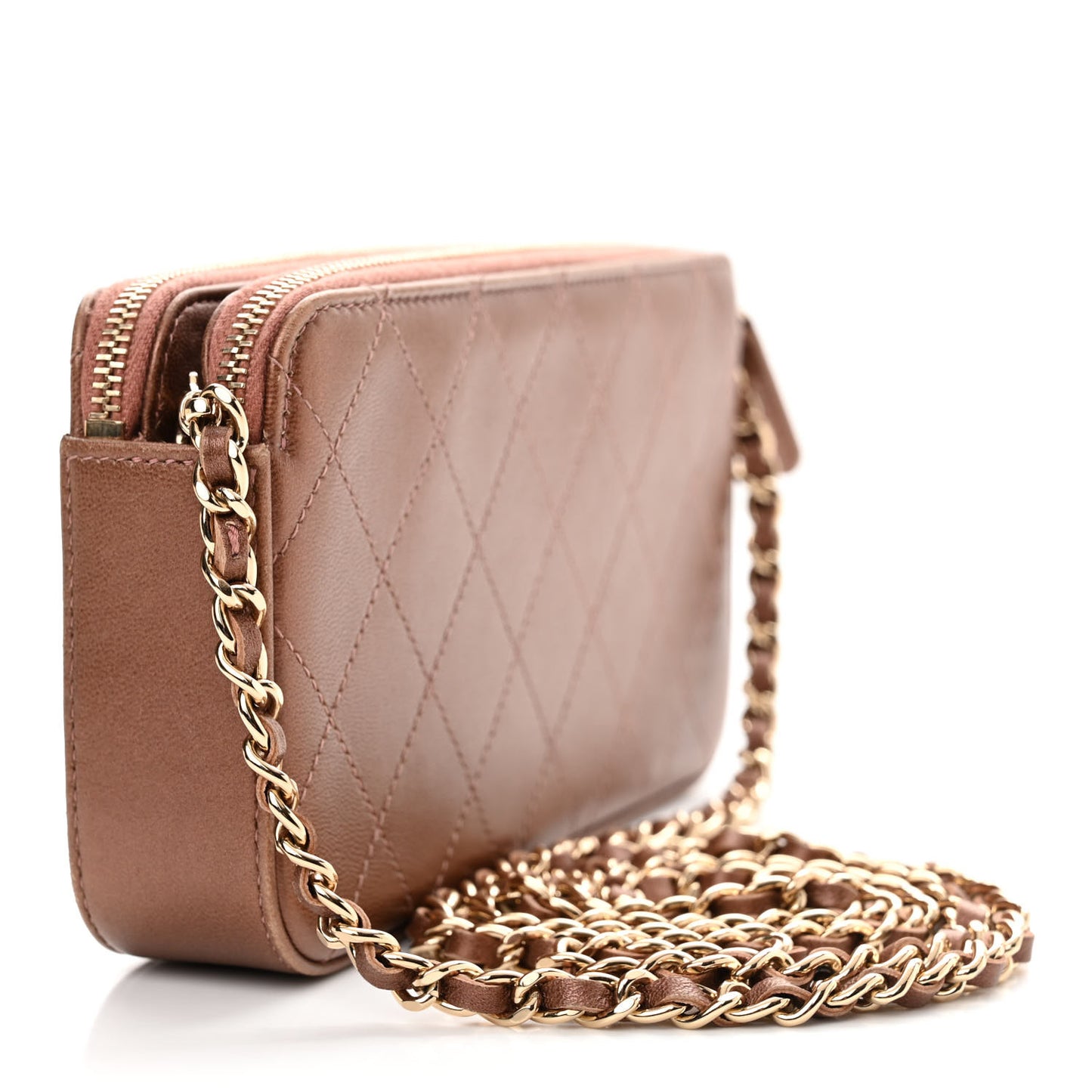 Metallic Goatskin Enamel Quilted Small Clutch With Chain Brown