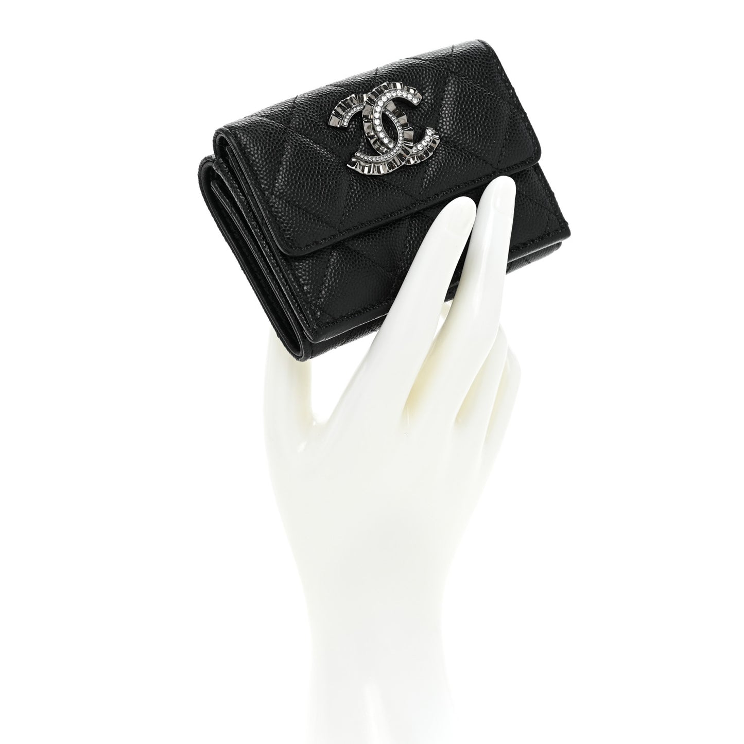 Caviar Quilted Crystal CC Small Flap Wallet Black