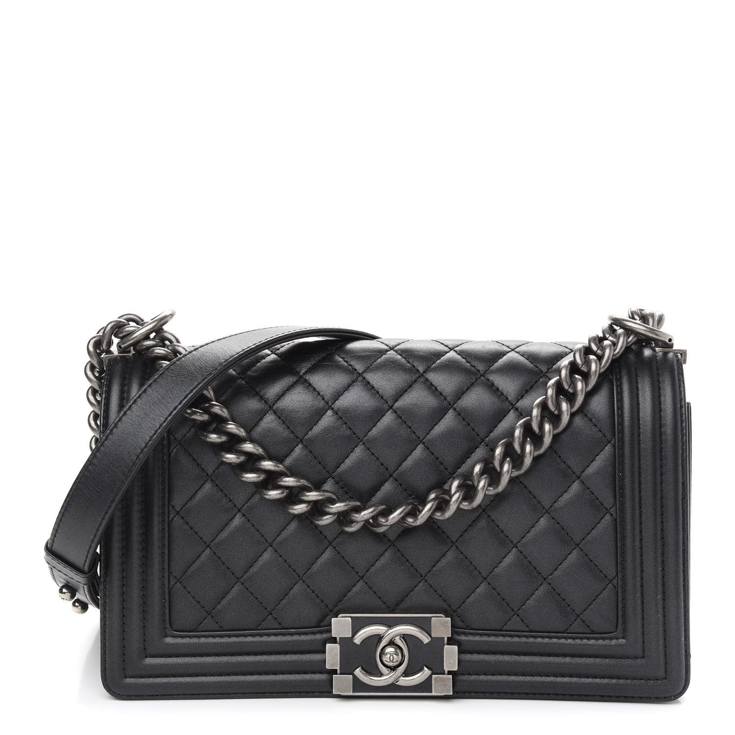 Metallic Calfskin Quilted Medium Boy Flap Black