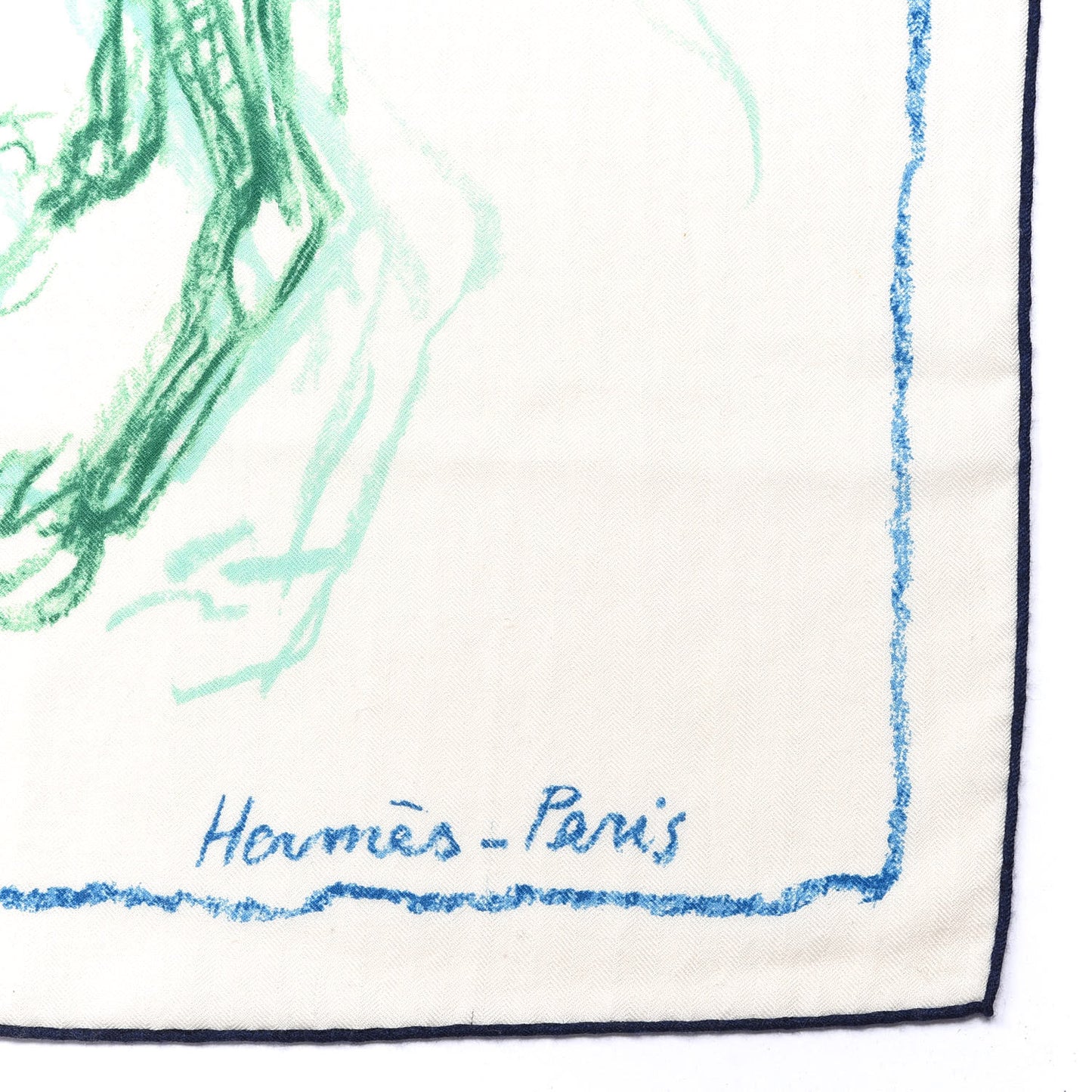 Cashmere Silk Pirouette au Galop Shawl 140 White Bleu Vert