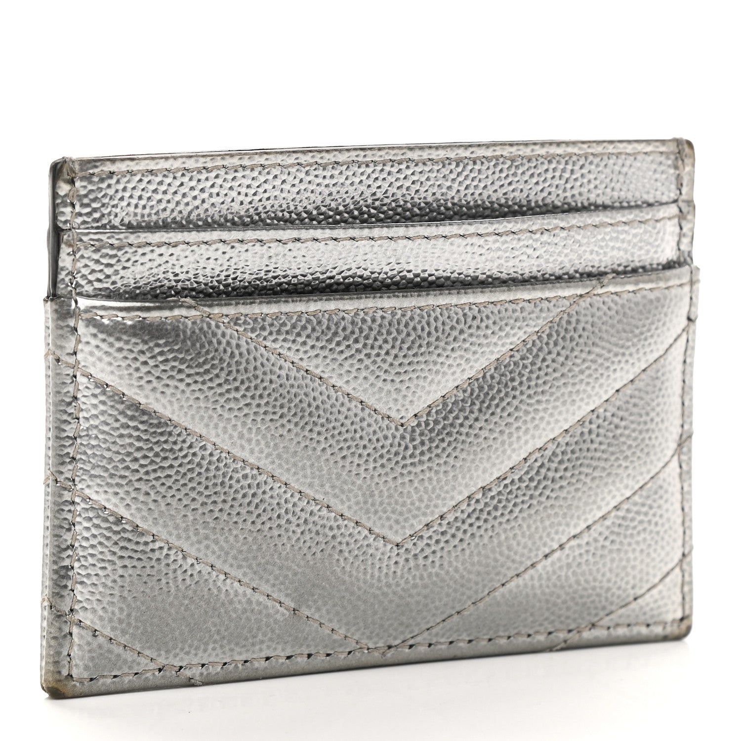 Saint Laurent Metallic Grain De Poudre Matelasse Chevron Monogram Credit Card Case Argento 3 of 7
