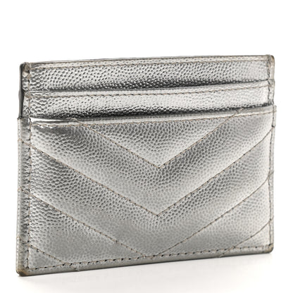 Saint Laurent Metallic Grain De Poudre Matelasse Chevron Monogram Credit Card Case Argento 3 of 7