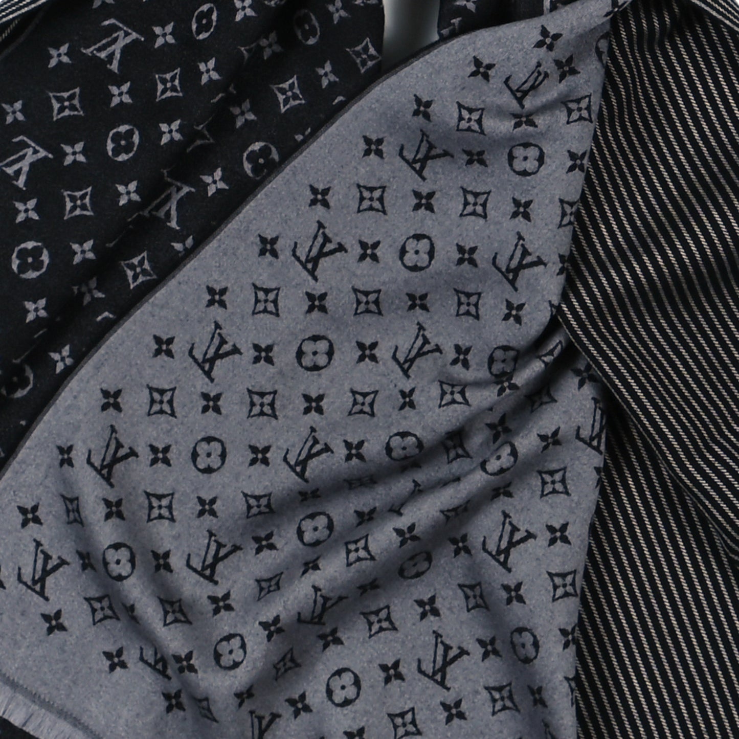 Wool Silk Monogram Lines Scarf Black Gris