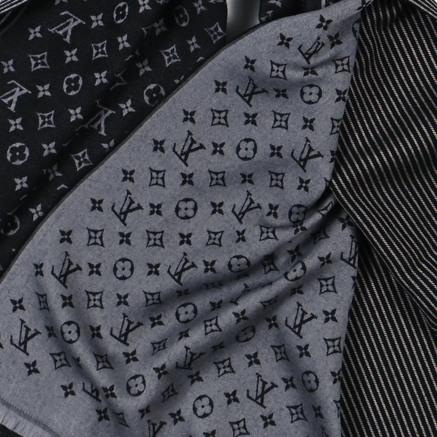 Louis Vuitton Wool Silk Monogram Lines Scarf Black Gris 4 of 4