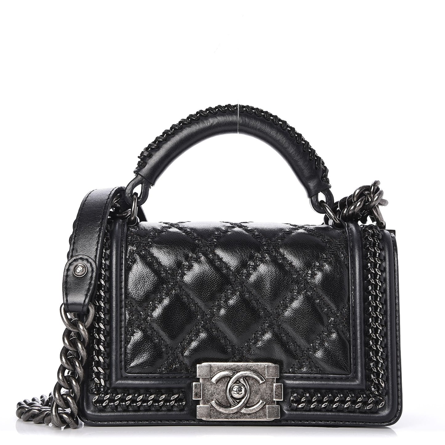 Goatskin Quilted Small Boy Top Handle Flap Black