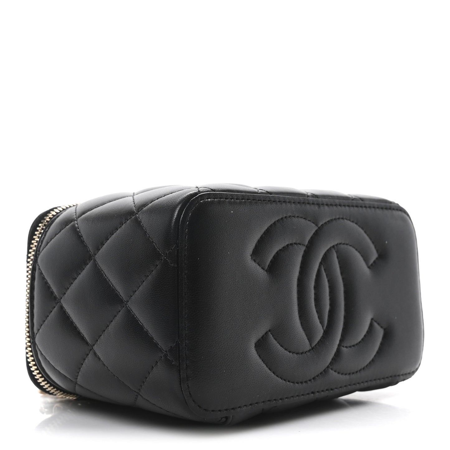 Lambskin Quilted Trendy Small Top Handle Vanity Case With Chain Black