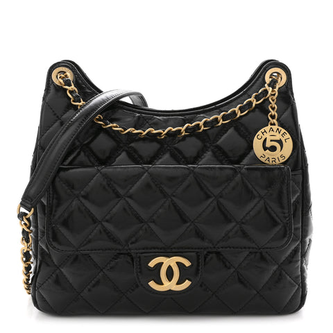 Shiny Crumpled Calfskin Quilted Wavy CC Hobo Black