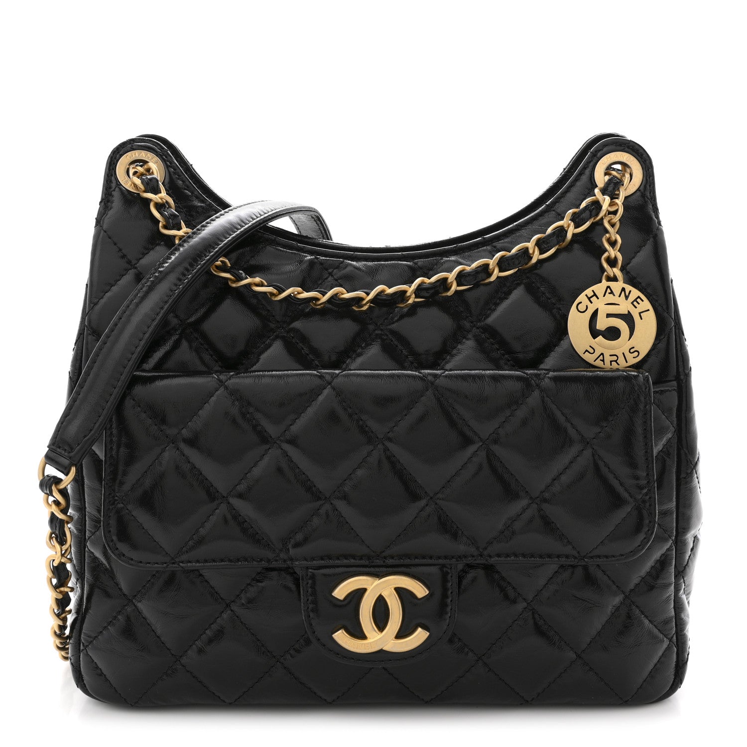 Chanel Shiny Crumpled Calfskin Quilted Wavy CC Hobo Black 1 of 10