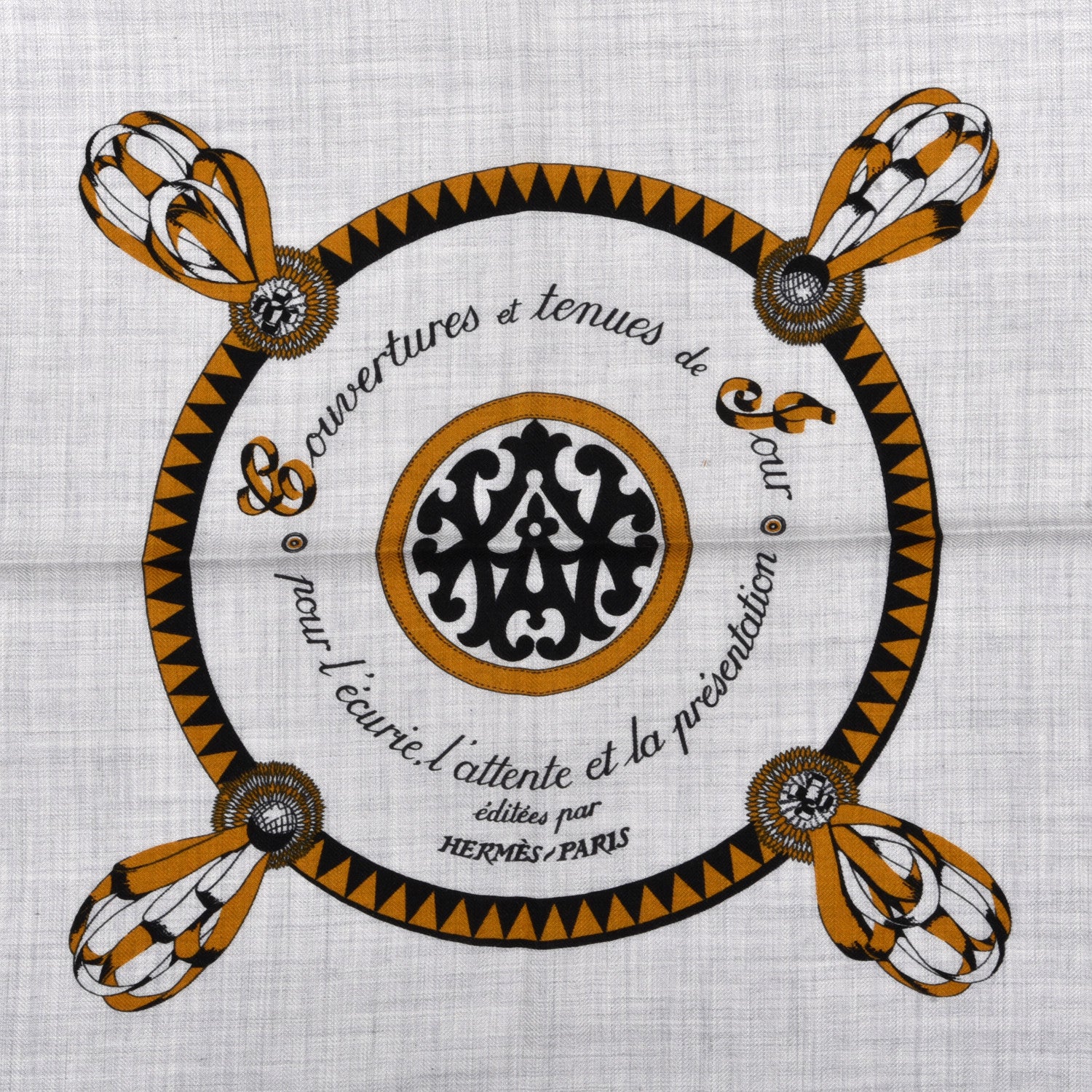 Hermes Cashmere Silk Encadre Blason Scarf 90 Gris Chine Black 2 of 4