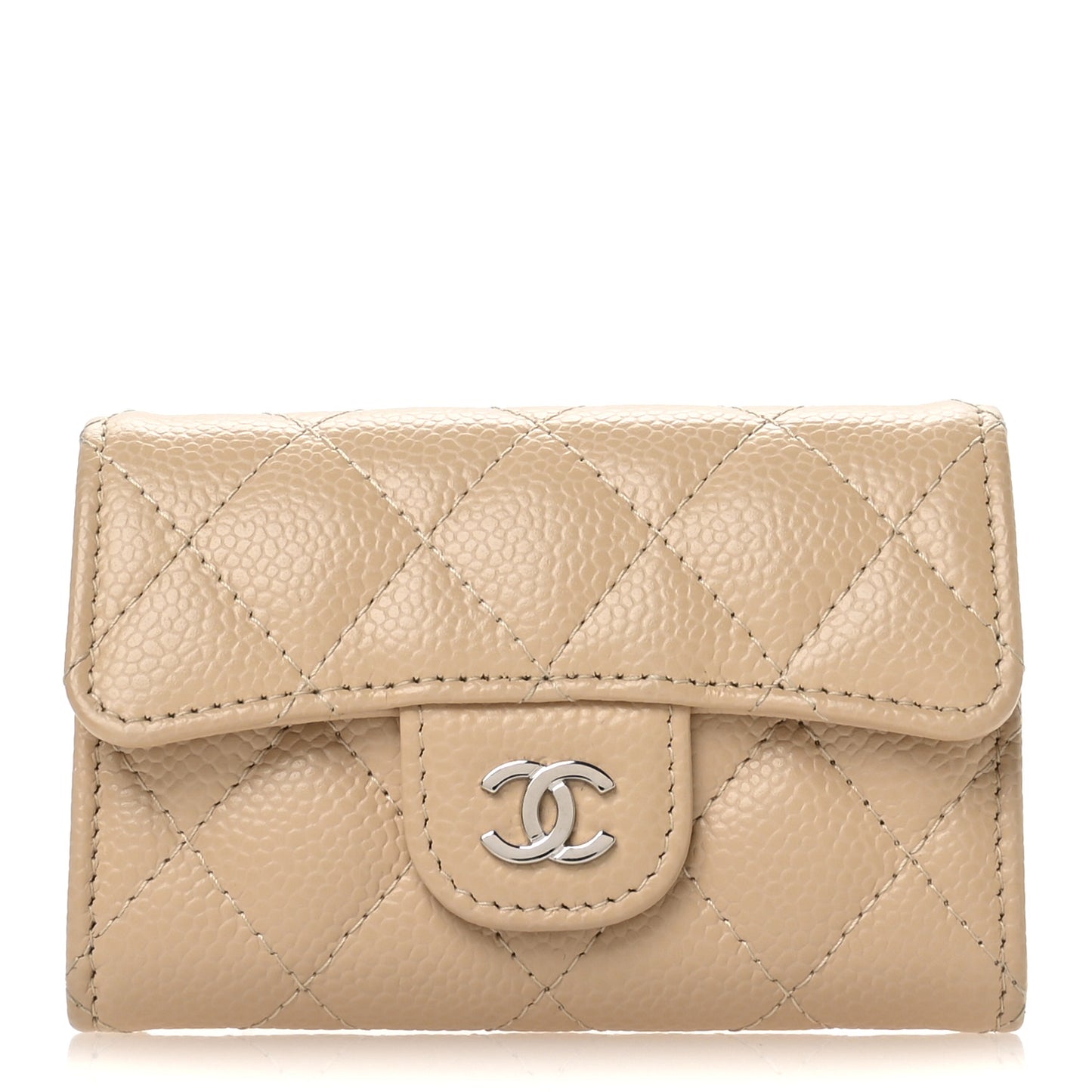 Caviar Quilted Flap Card Holder Wallet Beige