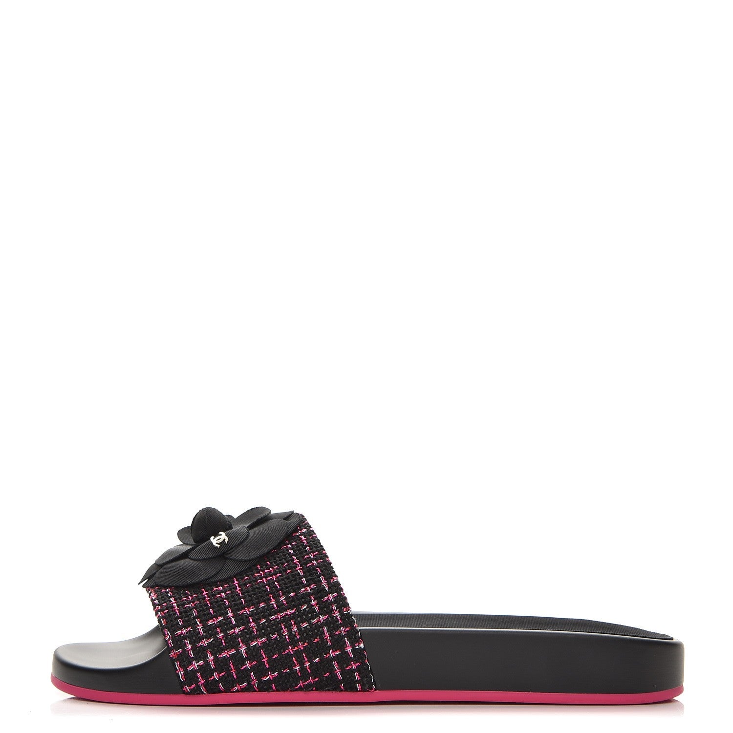 Chanel Tweed Grosgrain Camellia CC Flat Mules 39 Black Pink 1 of 9