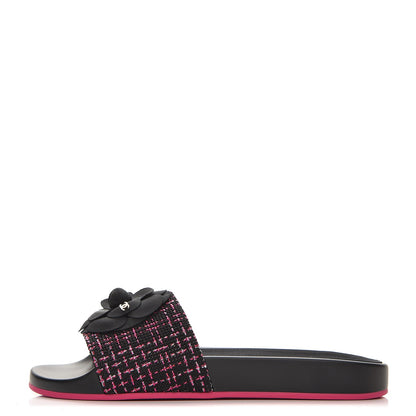 Chanel Tweed Grosgrain Camellia CC Flat Mules 39 Black Pink 1 of 9